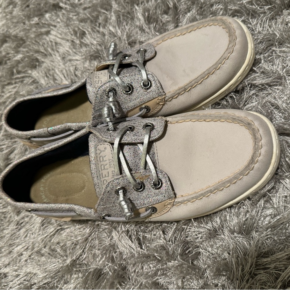 Sperry Top Sider Beige Silver Sparkle Suede Boat Shoes STS83340 SZ 8